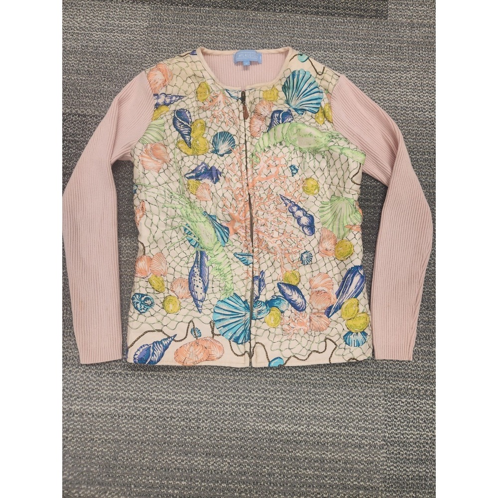 J. McLaughlin Full Zip Silk Ribbed Sweater Size Med. Shells Beach Preppy Quilted